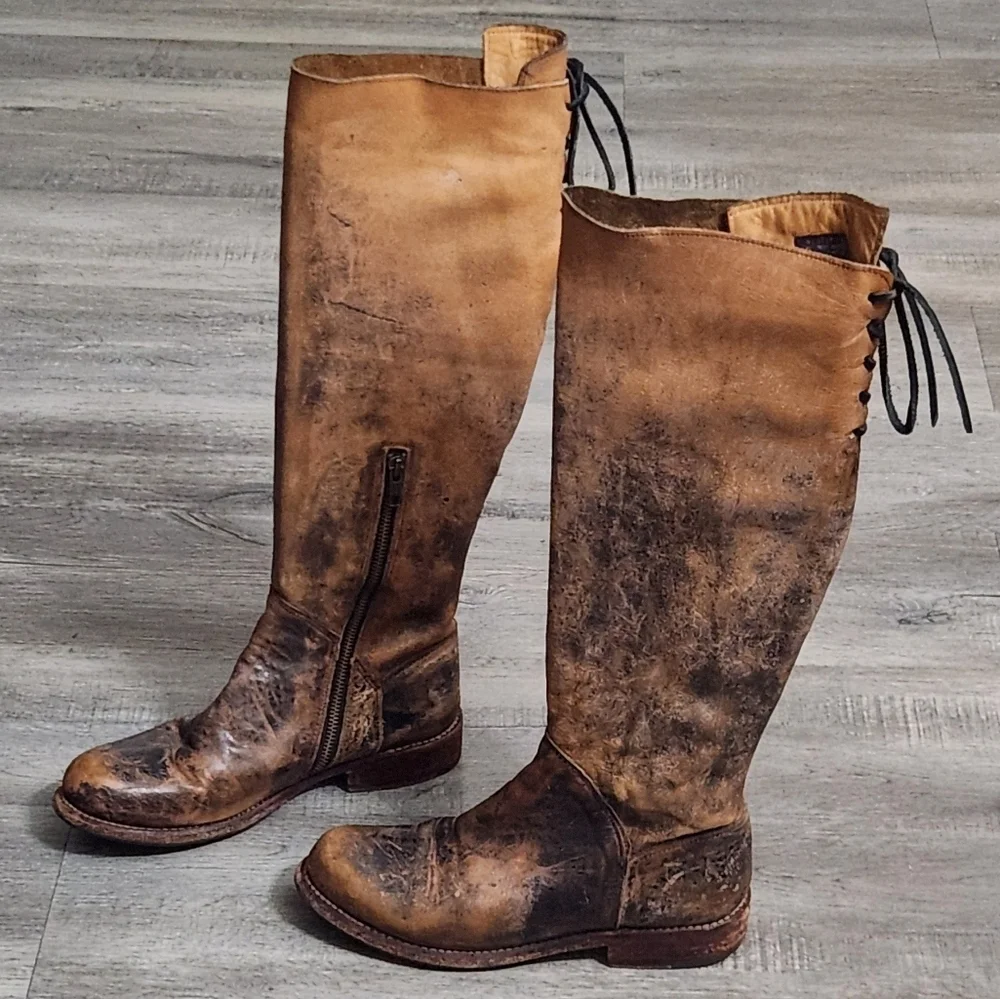 BED STU Leather Tan/Black‎ Distressed Tall Boots